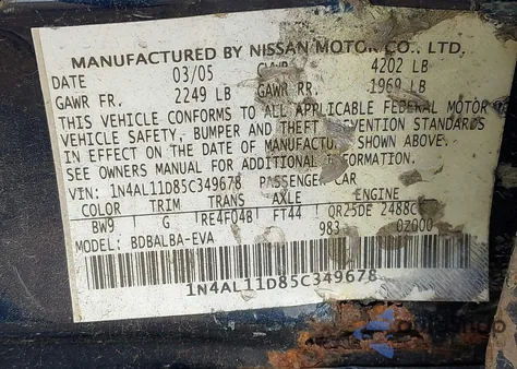 2005 Nissan Altima 2.5 S из США, поврежденный, VIN 1N4AL11D85C349678